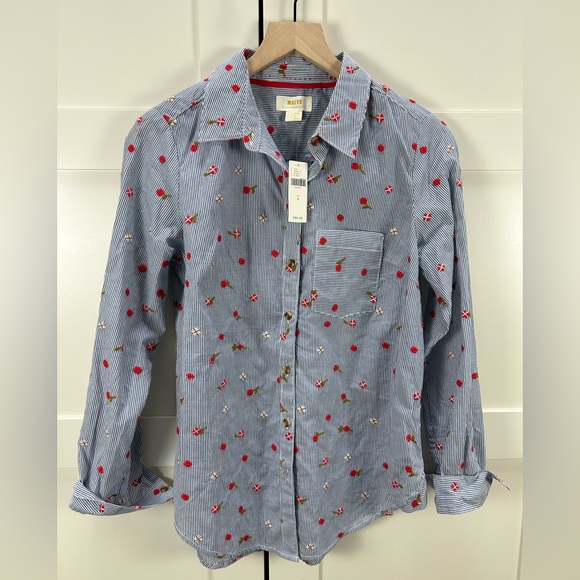 Maeve Anthropologie Embroidered Floral Button Down Shirt Size 6 NWT blue stripe - Picture 3 of 15